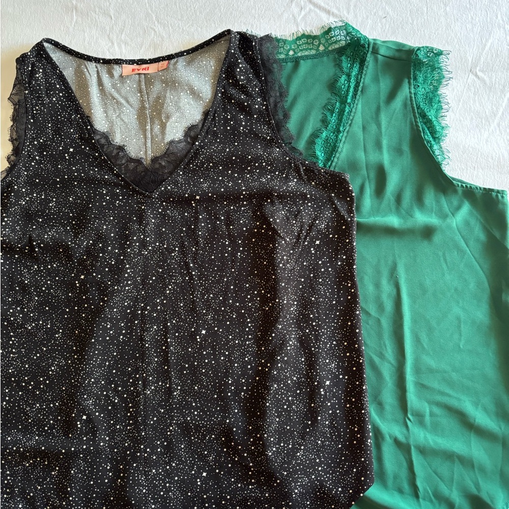 EVRI Black Speckled and Green Sleeveless Blouses